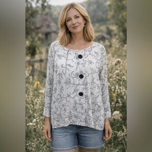Ali Miles Tunic‎ Top Women's Medium White Black Crinkle Blouse Medium